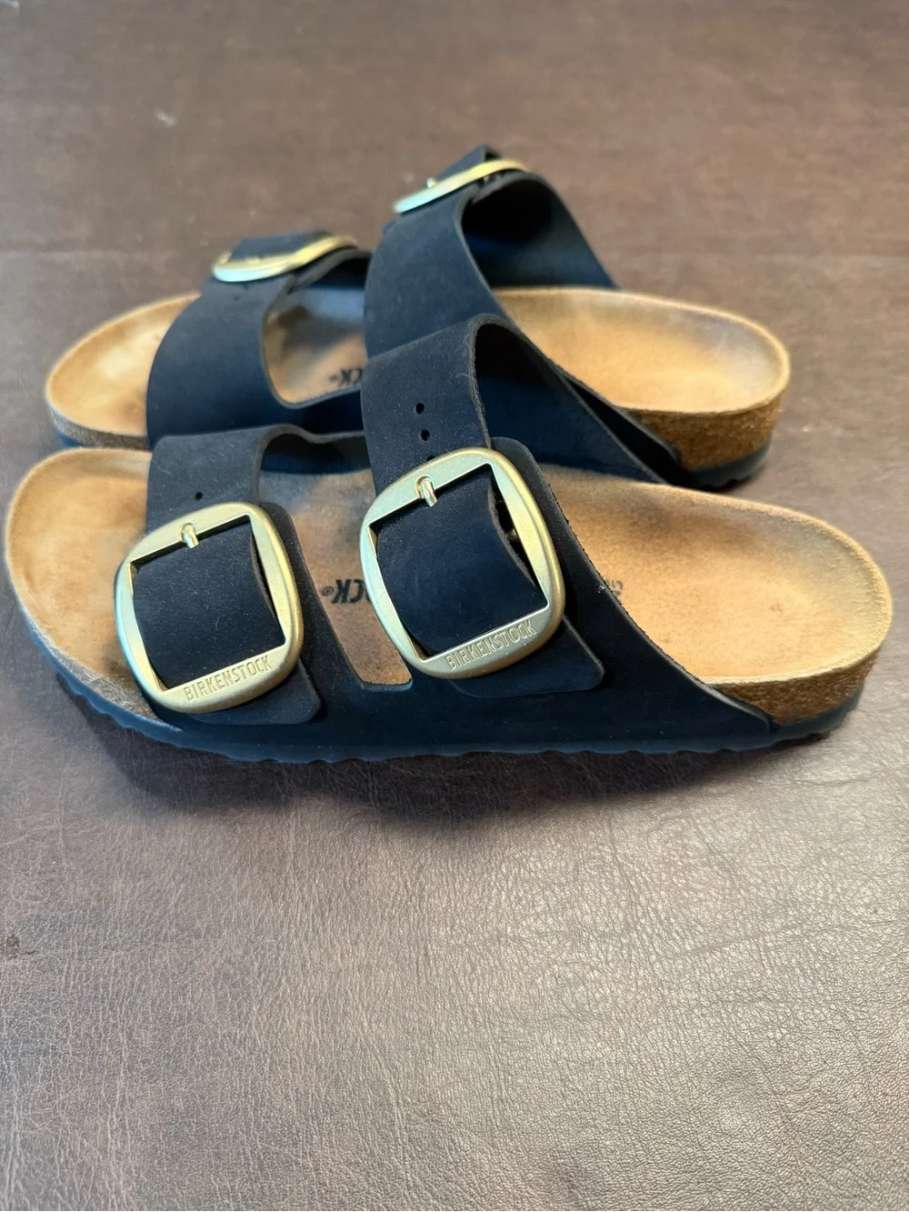 Birkenstock Arizona Two-Strap Sandals in Black with Brass Buckles - Picture 4 of 6